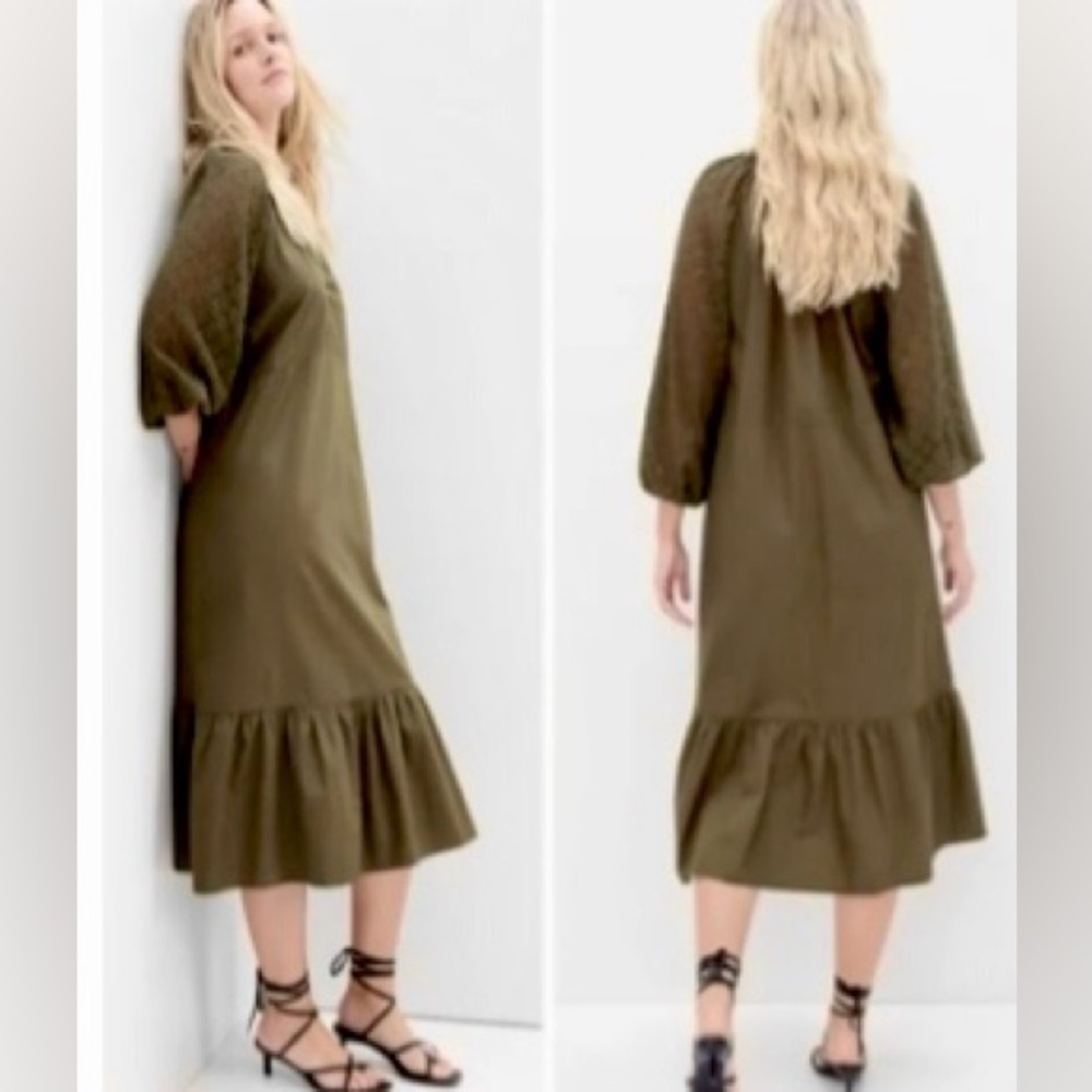 Gap Olive Green Lace Sleeve Cotton Maxi Dress - Size Medium - Picture 3 of 6